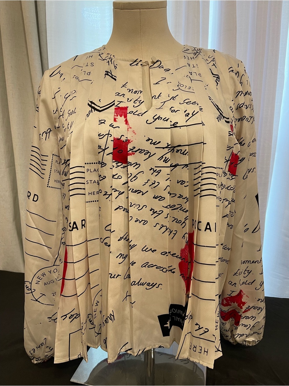 LOFT Cream Script-Print Pleated Blouse with Red Accents
